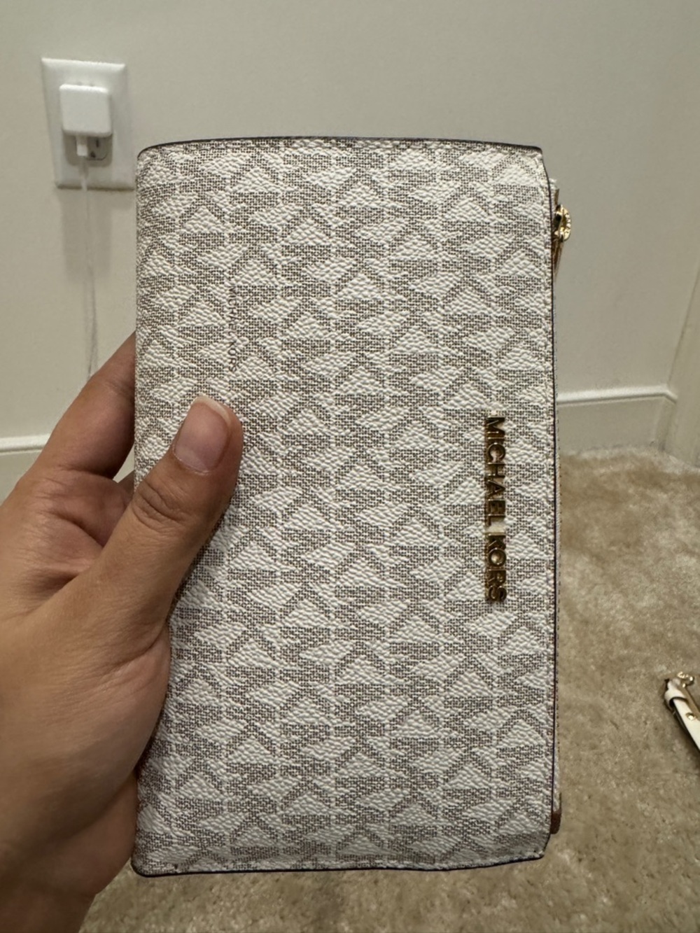 Michael Kors Cream Logo Zip Around Wallet with Gold Hardware